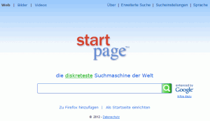 Startseite von der startpage.com Suchmaschine